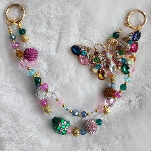 Colorful Beaded Rhinestone Butterfly 2 Strand Bag Charm Chain